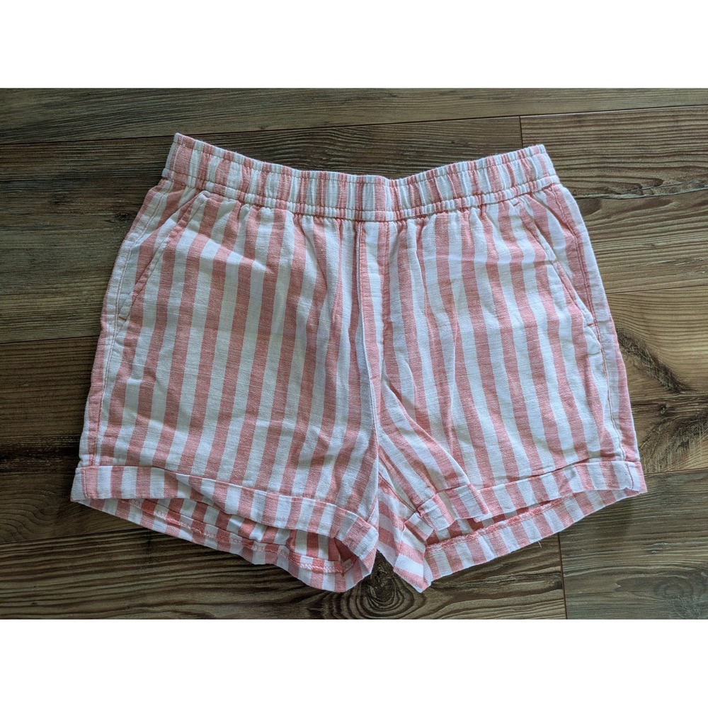 Old Navy High Rise Linen Cotton Pink White Striped Elastic Drawstring Shorts